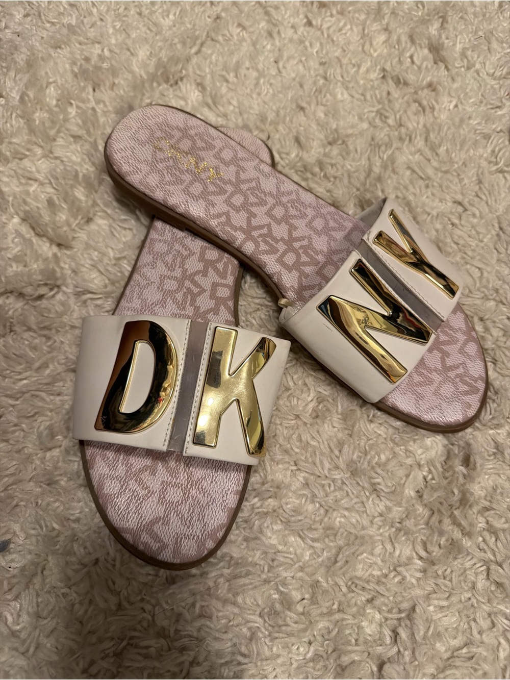 DKNY White Slide Sandals with Gold Logo Plaques